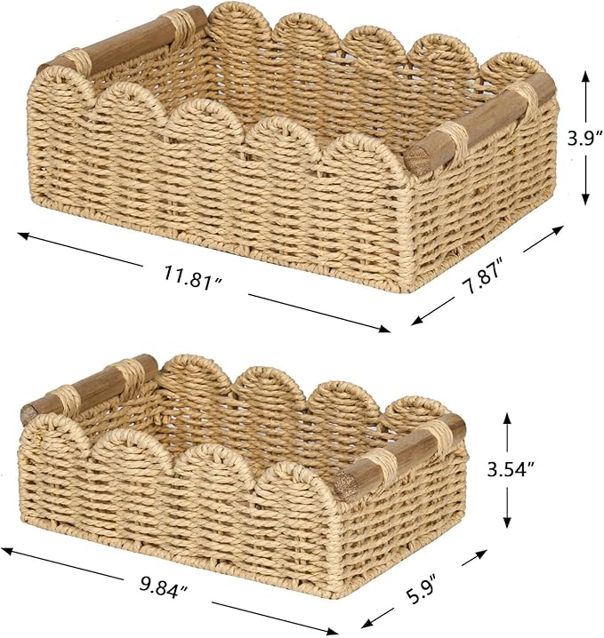 CubesLand Toilet Paper Storage Organizer Basket, Scalloped Decorative Baskets for Over Toilet Shelves, Wicker Small Basket Perfect for Home Countertop Storage & Decor, Living Room Shelf Decor, Beige