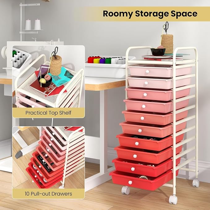 10-Drawer Rolling Storage Cart, Trolley w/Lockable 360° Wheels, 10 Removable PP Drawers, Sturdy Metal Frame, Rolling Utility Cart Perfect for Home, Office, Classroom (Mixed Pink)
