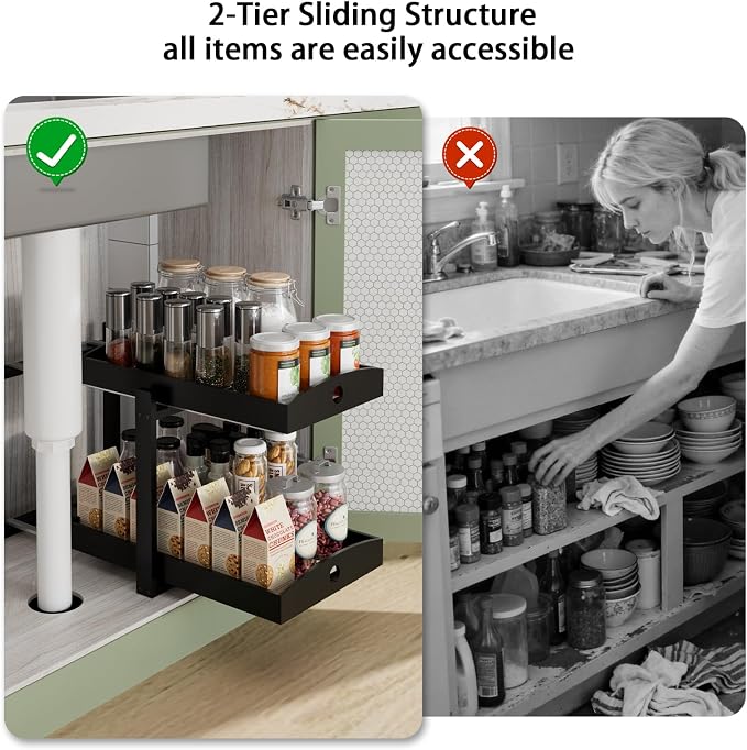Bamboo Wood Under Sink Organizer 1 Pack, Pull Out Cabinet Organizer 2 Tier Under Sink Organizers and Storage with Sliding Drawer Sturdy Easy Assembly for Kitchen Bathroom Undersink (Black, 2 Packs)