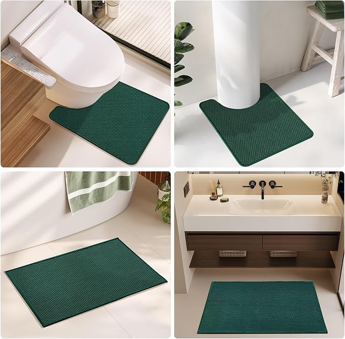 TYUU Toilet Rug, Thin Toilet Rugs U Shaped Washable Non Slip Absorbent Quick Dry Low Pile Toilet Mat, Dark Green 20"x24" U Shape