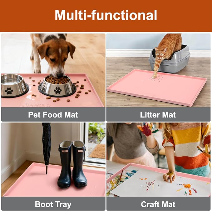 ukeetap Extra Thick Silicone Mat Waterproof with Raised Edge 34" x 22", Under Sink Mat for Kitchen & Bathroom, Kitchen Cabinet Liner, Multi-Purpose for Storage & Protection, Pink