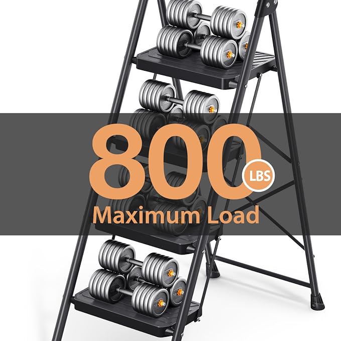 TOOLF 4 Step Ladder, Sturdy Steel Step Stool with Anti-Slip Wide Pedals, Handrail, Safe-Lock Design, Folding Portable Ladder for Multi-Purpose, Home, Kitchen, Pass 800lbs Load Testing, Black