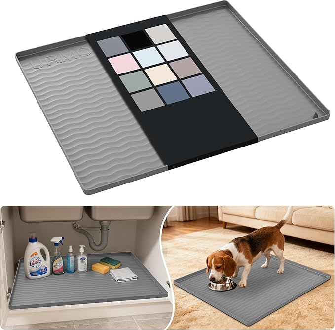 URMONA Waterproof Silicone Under Sink Mat 25'' x 22'' Shelf Liner for Kitchen and Bathroom, Cabinet and Counter Protector, Storage and Organizers, Litter Mat, Pet Cat Puppy Essentials(Beige)
