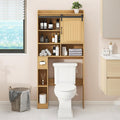 Vabches Over The Toilet Storage Cabinet, Farmhouse Rattan Storage Cabinet Over Toilet with Sliding Doors & Toilet Paper Holder Stand, Home Space-Saving Toilet Rack, for Bathroom, Laundry(Rattan Oak).