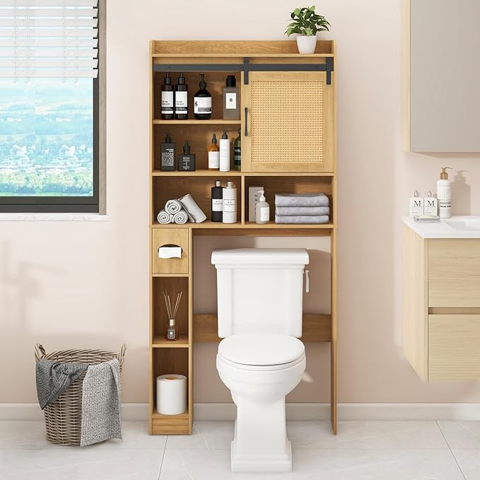 Vabches Over The Toilet Storage Cabinet, Farmhouse Rattan Storage Cabinet Over Toilet with Sliding Doors & Toilet Paper Holder Stand, Home Space-Saving Toilet Rack, for Bathroom, Laundry(Rattan Oak).