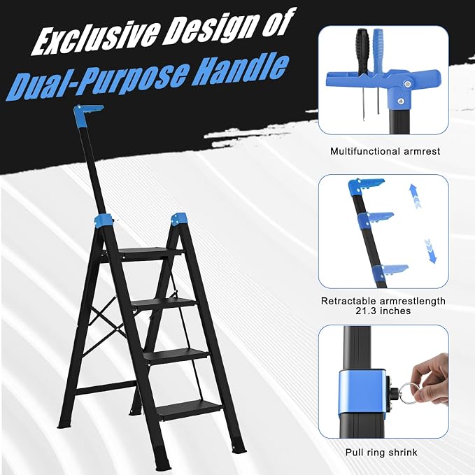 4 Step Ladder,Extendable Single-Handrail Lightweight Aluminum Step Ladder 4 Step Folding,600lbs Max Load Capacity for Household,Kitchen,Office (Blue)