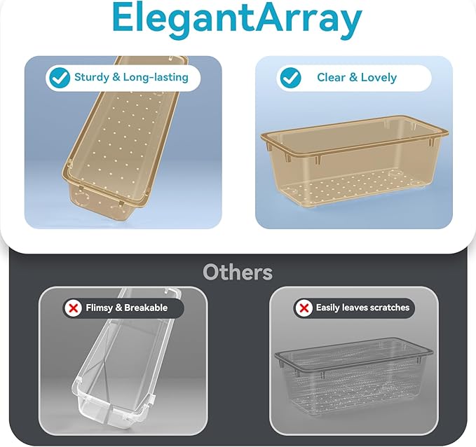 ElegantArray 12 PCS Drawer Organizer Set, 4 Sizes Tool Storage Trays, Clear Plastic Makeup Vanity Organizer and Storage Bins for Stationeries, Multiple Gadgets for Office, Bedroom, Champagne