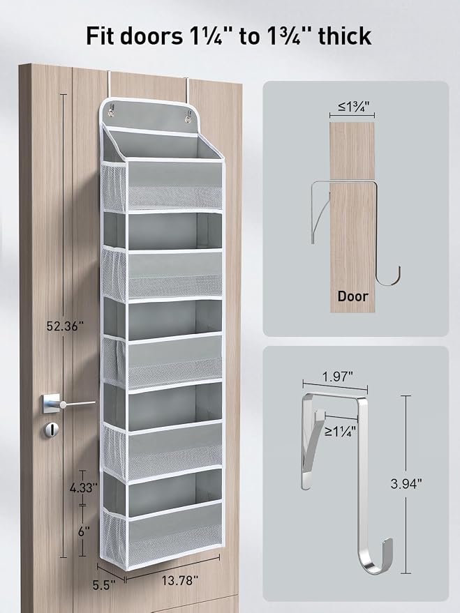 Yecaye 1 Pc Over the Door Organizer with 5 Bins 10 Side Pockets, 44lbs Load Hanging Bathroom and Bedroom Organizer, behind the Door Hanging Organizers for Nursery Newborn Baby Essential Stuff Grey
