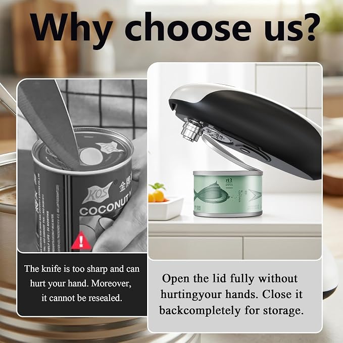 Electric Can Opener for Seniors & Arthritis - Rechargeable Automatic with One-Touch Open and Smooth Edge Cutting, Lid Remover, Food-Safe Stainless Steel Blade Easy to Use Hands-Free, Black