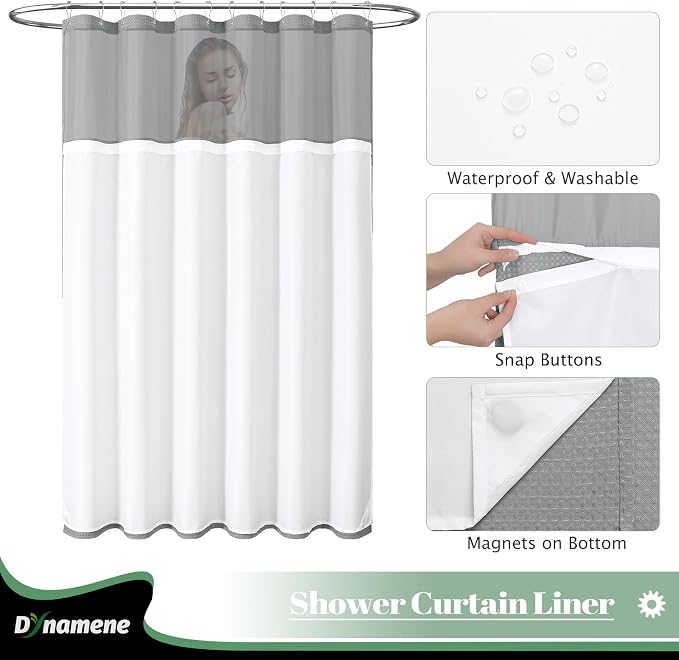 Dynamene 78 Inch Long Shower Curtain, Tall Waffle Fabric Shower Curtains for Bathroom, Hotel Waterproof Cloth Shower Curtain Liner Set with Hooks, Snap in Liner, Mesh Top Window, Dark Grey, 72x78