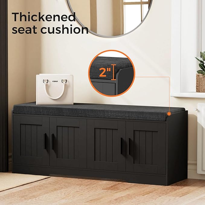 Homleke 2-Tier Storage Bench, Shoe Bench with Thickened Padded Seat Cushion, Entryway Bench with 4 Doors, Adjustable Shelf, 13.8" D x 45.3" W x 18.5" H, for Entryway, Living Room, Bedroom, Black