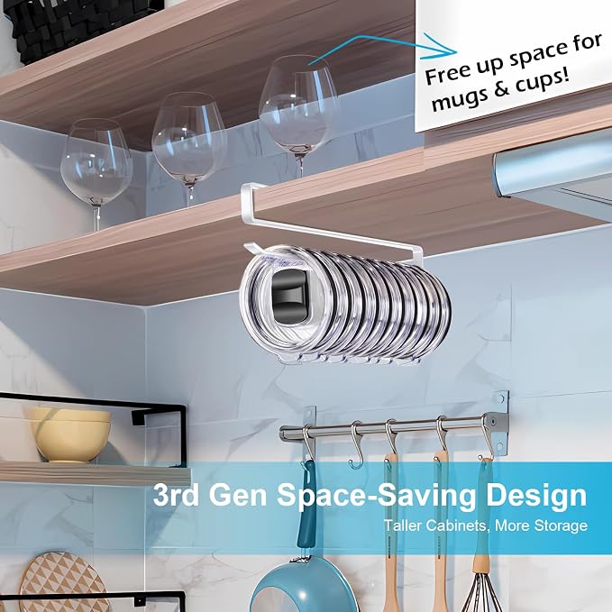 Tumbler Lid Organizer for Corner Cabinets, Space-Saving Cup Holder, Water Bottle Accessories Storage，Kitchen Storages Organization Solution, No Adhesive or Drilling Needed Up to 12 Lids (white)
