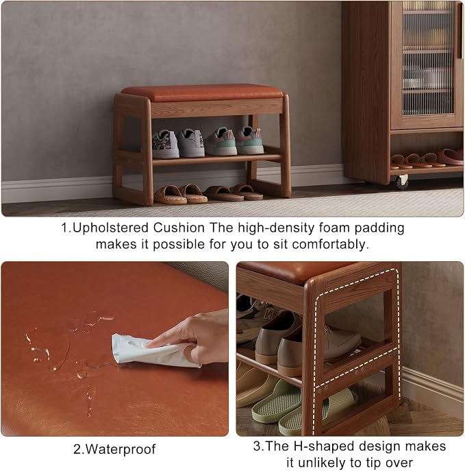 AQIMUELE Shoe Rack Bench,2 Tiers Shoe Bench with Storage with Flip-Top,Wood Shoe Rack for Entryway,Hallway（Orange Upholstered Seat,11.8" D x 23.62" W x 15.7" H）