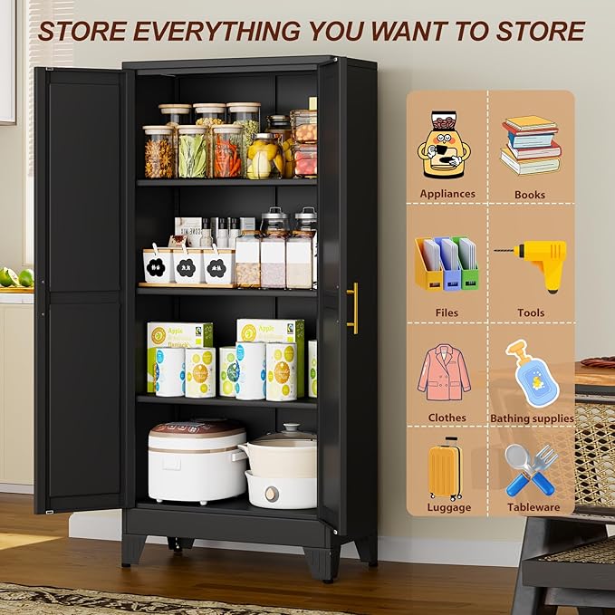 61" Black Metal Garage Storage Cabinet with 2 Doors and 3 Adjustable Shelves,Kitchen Pantry Cabinet,File Cabinet,Steel Tool Cabinet for Home,Office,Garage,School,Warehouse