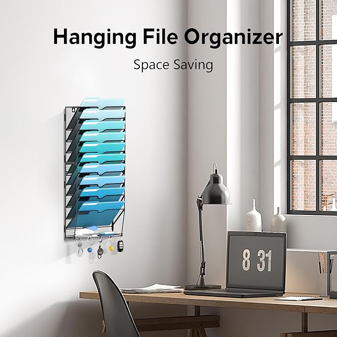 11 Tier Wall File Organizer - Hanging File Organizer with 5 Hooks, Mail Holder Wall Mounted for Papers, Folders, Magazines, Bills, Office&School Organization, Black