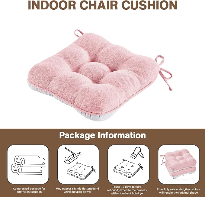 BETU Pink Chair Cushions for Dining Chairs Set of 2,3.5" Thick Kitchen Table Chair Pads with Ties,Non Slip Backing and Covers, Seat Cushion for Dining Room,Bar,Patio Chairs,15.5"X15.5"X3.5",Pink