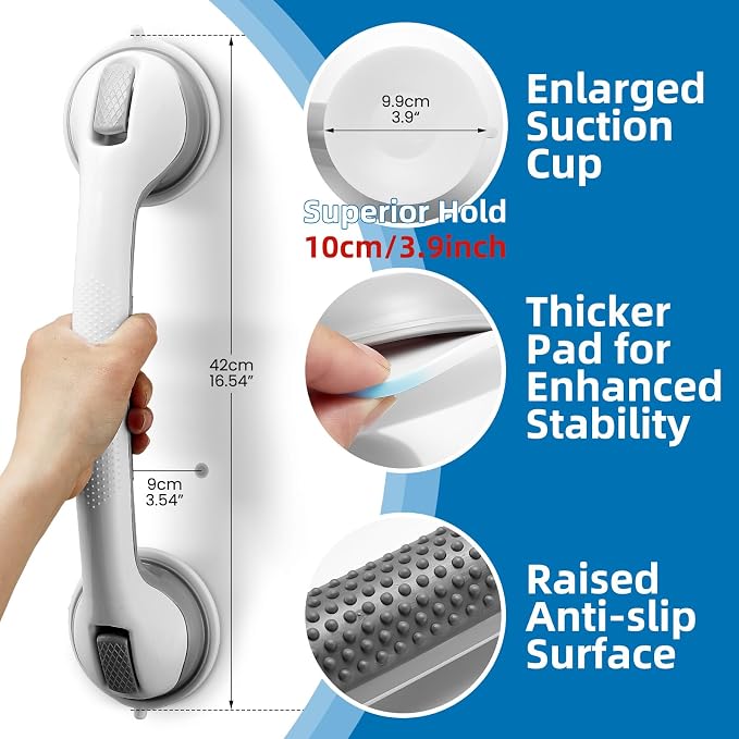 Grab Bars for Bathtubs and Showers, Zynuhmo 2 Pack 16 Inch Suction Safety Grab Bars for Senior and Elderly Assist Support Suction Cup Removable Handrails for Shower Chair No Drilling No Tools(Gray)