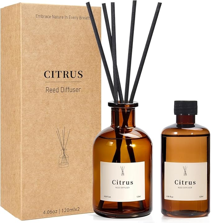 Reed Diffuser Set, 8.12 fl.oz Citrus Scent Oil Diffuser with Sticks, Long-Lasting Home Fragrance Reed Diffuser for Bathroom Shelf Decor, Air Freshener Room Diffuser, 2 Pack