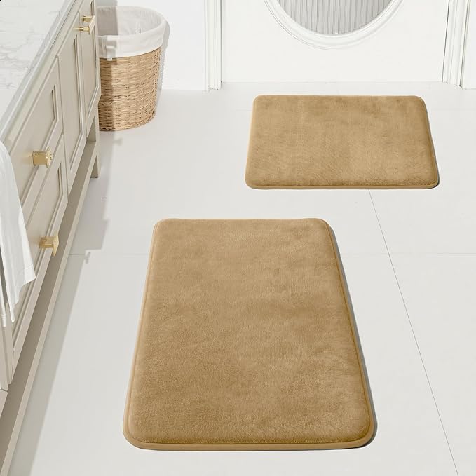 HUXMEYSON Bathroom Rugs Sets 2 Piece, Non-Slip & Quick Dry Bath Mat Set, Ultra Soft Velvet Bath Rugs for Bathroom, Toilet and Shower Floor, Khaki