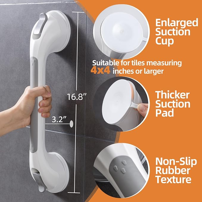 Shower Handle 1 Pack, 17 Inch Grab Bar for Bathtubs and Showers, Strong Suction Cup Safety Handrail for Seniors, Elderly, Injury Recovery, No Drilling Waterproof Bathroom Grip, Grey
