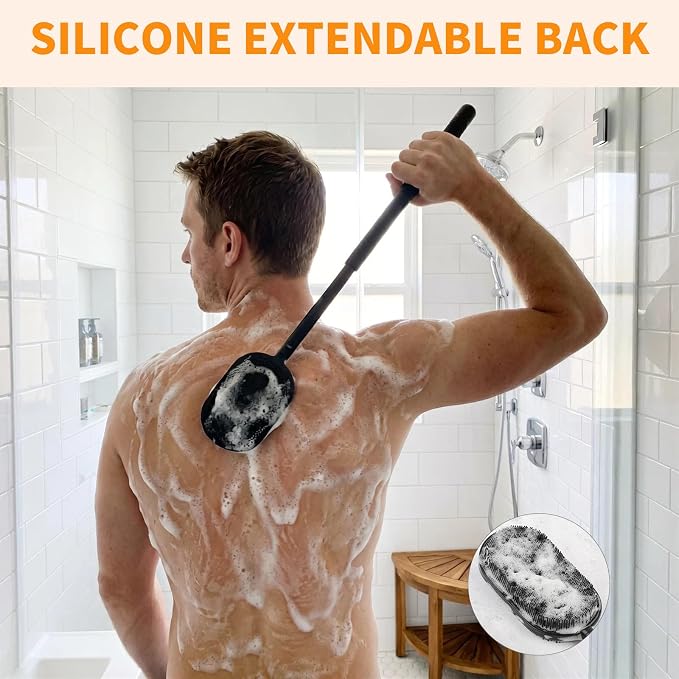 Silicone Back Scrubber(3-Stage Length 14.6"-21.3"-27.6")& Silicone Body Scrubber(Dual-Side) & Hair Scalp Massager & Face Brush Set (4PCS), with 2 Free Hooks (Extendable Back Brush Set)