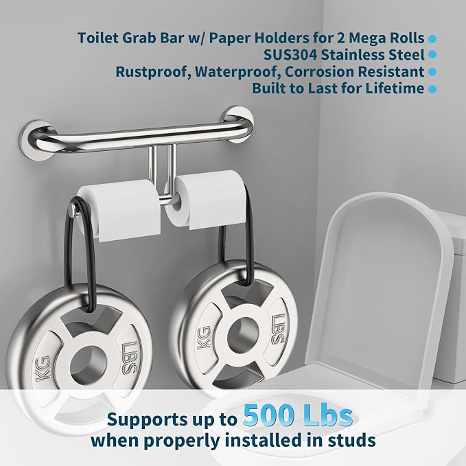 Chrome Grab Bar w/Double Toilet Paper Roll Holder 17 Inch, iHansee Stainless Steel Shower Support Balanced Support Handle, Wall Mounted Safety Bathroom Handrail for Elderly Senior Handicap Disabled