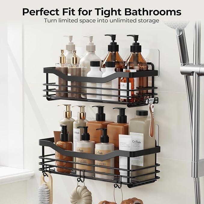 Orimade Shower Caddy Basket Shelf Storage Rack, No Drilling Wall Mounted Adhesive Rust Resistant Stainless Steel Shower Organizer with 5 Hooks for Bathroom, Black 2 Pack