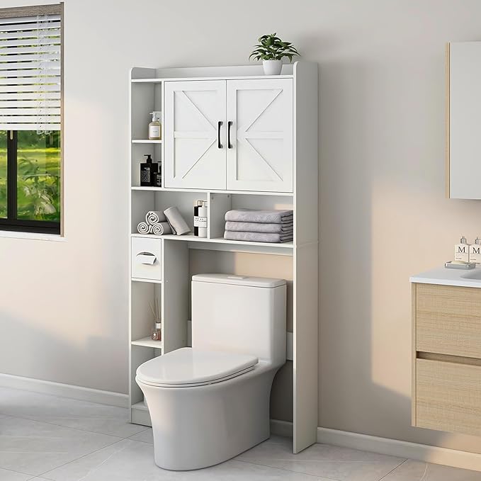 Vabches Over The Toilet Storage Cabinet, Farmhouse Storage Cabinet Over Toilet with 2 Barn Door & Toilet Paper Holder Stand，Home Space-Saving Toilet Rack, for Bathroom, Restroom, Laundry