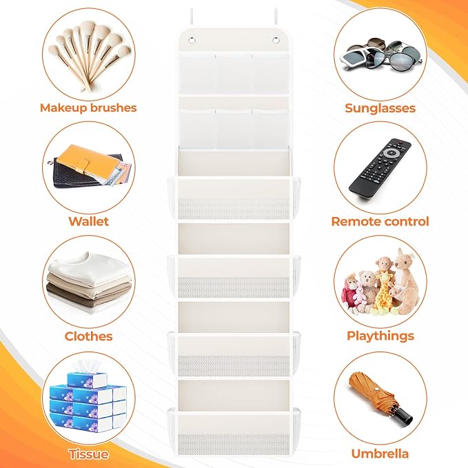 SpaceHacks 6-Tier Over the Door Organizer with Mesh Pockets, Baby Nursery Storage for Closet, Bathroom and Bedroom, Adjustable Hanging Closet Organizer for Cosmetics, Books and Essentials (Beige)