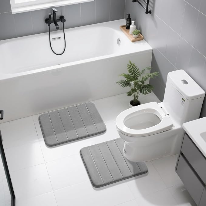 Yimobra U-Shaped Toilet Bath Mat Set 2 Piece - Super Soft Absorbent Quick Dry Memory Foam Bathroom Rugs, Machine Washable Non Slip Floor Carpet for Tub Shower & Single Sink (17x24 & 24x20, Gray)