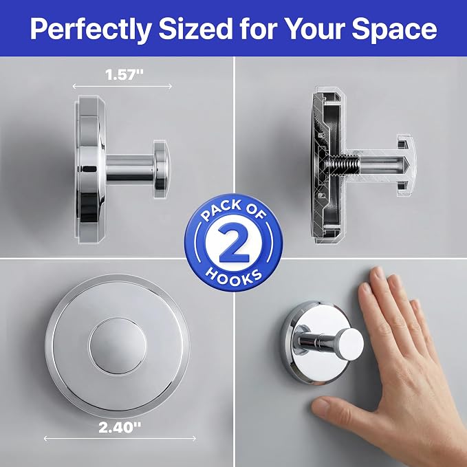 HOME SO Suction Cup Hooks for Shower & Bathroom Towel Holder 2-Pack – Suction Cups Hooks for Hanging Towels, Robes, & Coats - Tiles, Glass Door or Mirror – Shower Hooks & Towel Hooks Organizer -Chrome