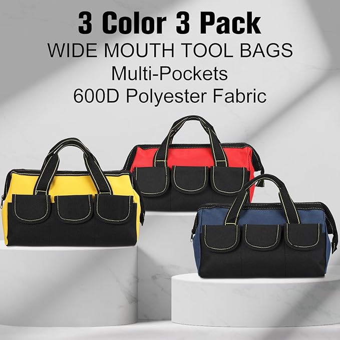 Sanwuta 3 Pack Tool Bag for Men with Waterproof Hard Bottom, Heavy Duty Tool Bag Wide Mouth Tote for Various Instrument, Electrician Carpenter Mechanic(Blue, Red, Yellow,18 Inch,Classic)