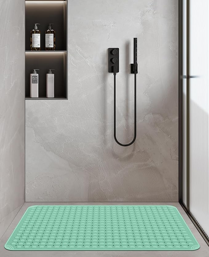 Yolife Extra Large TPE Shower Mat, 47.2" L x 31.5" W Anti Slip Bath Mat with Drain Holes and Suction Cups, Large Size Mat More Suitable for Shower Stall, No Odor, Heavy Mat (Green, 47.2" x 31.5")