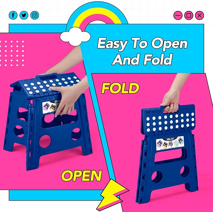 Delxo 13 inch 2 Pack Folding Step Stool, Non-Slip Foldable Stools Up to 300 LBS, Step Stool with Handle, Lightweight Collapsible stools for Kitchen, Bathroom, Bedroom, Garden (Blue)