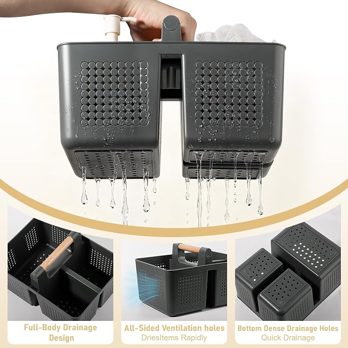 JiatuA Shower Caddy Basket Portable Caddy Organizer with Handle Cleaning Supplies Caddy Plastic Tool Storage for Bathroom Kitchen College Dorm Bedroom, Dark Grey