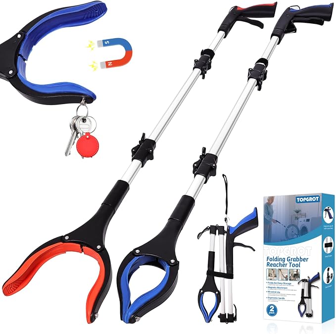 43" Grabber Reacher Tool for Seniors 2 Pack, Foldable Reacher Grabbers Pickup Stick with Anti-Slip 90° Rotating Jaw, 4" Wide Extended Claw with Magnet for Disabled, After Surgery Recovery