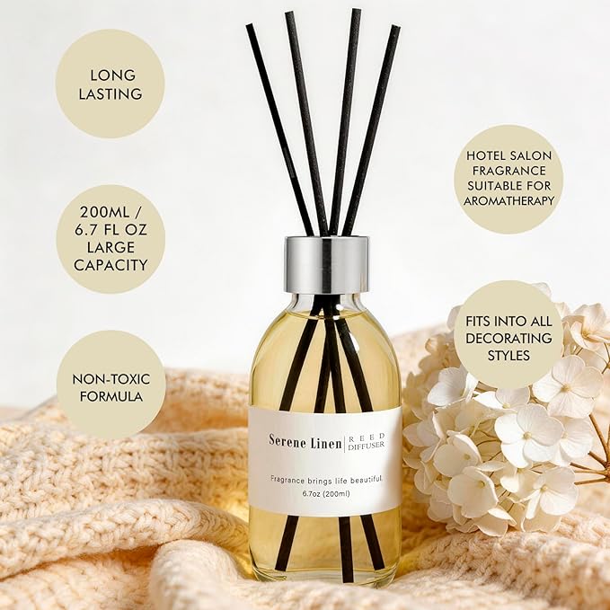 Clesh Reed Diffuser Set, 6.7 oz Serene Linen Scented Diffuser with Sticks, Home Fragrance Reed Diffuser for Bathroom Shelf Decor