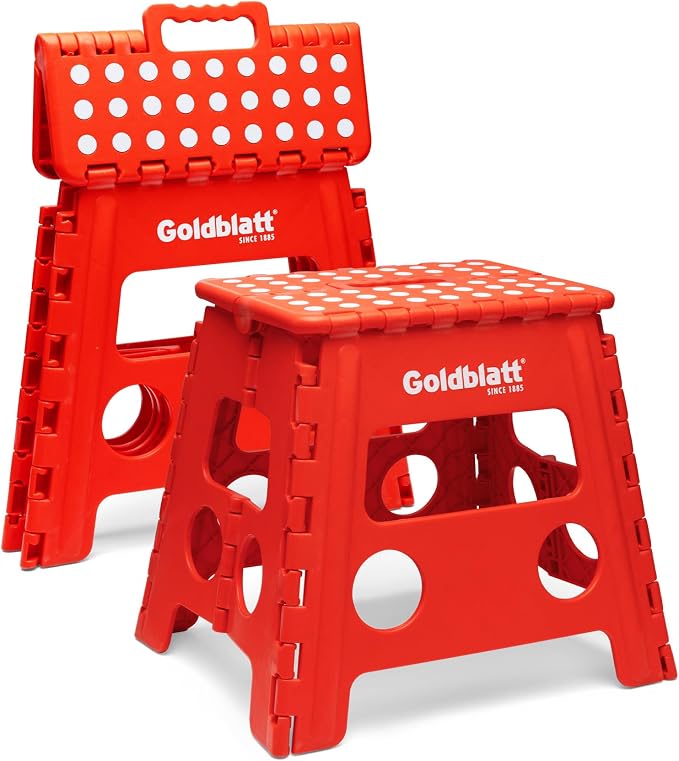 Goldblatt 12.5" Folding Step Stool 2-Pack for Adults and Kids, Lightweight Heavy-Duty Plastic Portable Foldable Stool with Non-Slip Top and Anti-Skid Feet, 300 lbs Capacity, Kitchen & Bathroom, Red