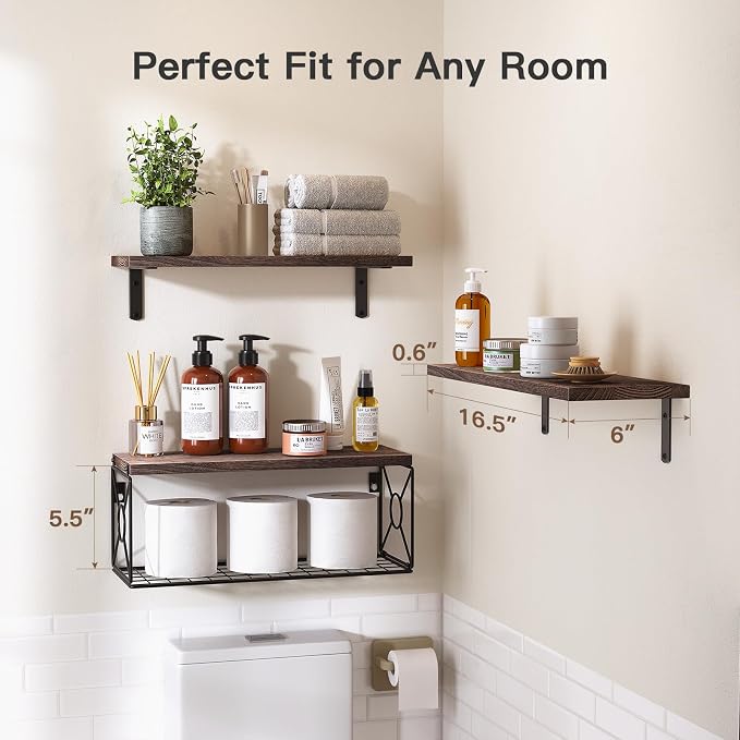 Amada Bathroom Shelves Over Toilet with Storage Basket, Floating Wall Shelf for Home Organization & Wall Decor, Bathroom/Kitchen/Living Room Shelves–Rustic Brown