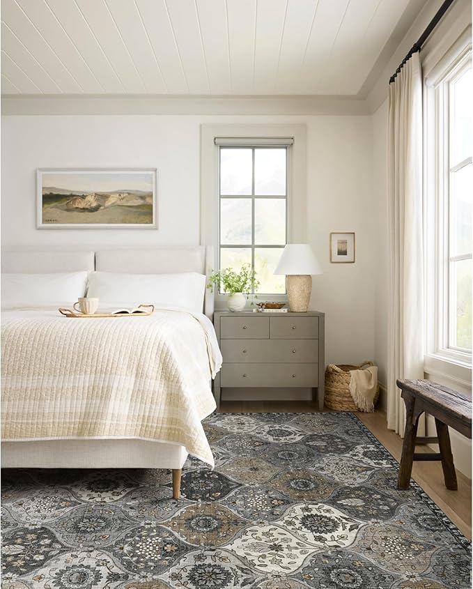 Lahome Moroccan Washable Area Rug 6x9, Ultra-Thin Large Living Room Rugs for Bedroom, Oriental Trellis Distressed Non Shedding Throw Carpet for Dining Room Office Elise, Grey
