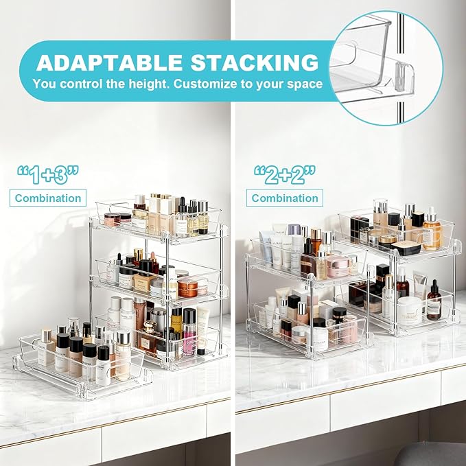 2 Tier Under Sink Organizer Bathroom Organizers and Storage, Clear Stackable Bathroom Cabinet Organizer, Multipurpose Pull-Out Home Organizer for Kitchen and Pantry Storage 2 Pack