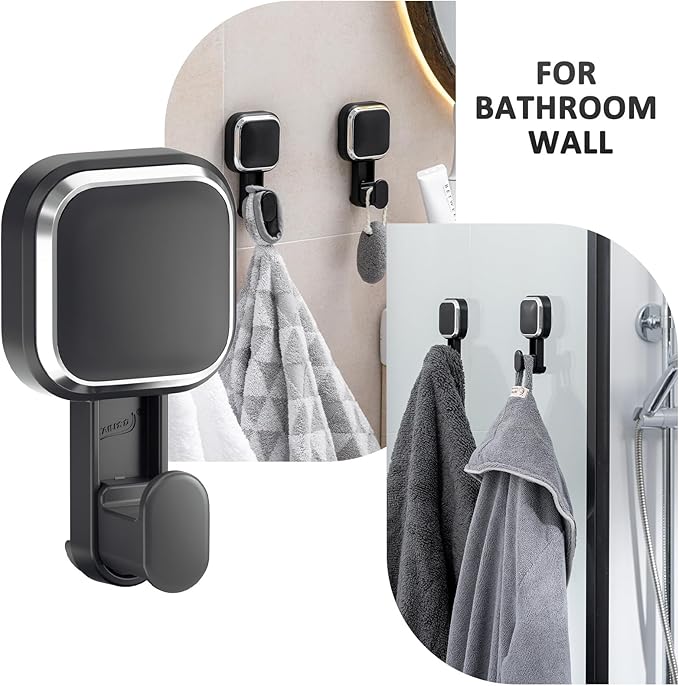 LEVERLOC 4 Pack Suction Cup Hooks for Inside Shower, Powerful Vacuum Suction Shower Holder for Towel, Loofah, Clothes, Damage Free Hanging Bathroom Wall Hooks, Easy to Install and Remove, Black
