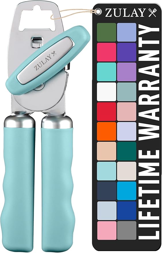 Zulay Kitchen Heavy Duty Stainless Steel Can Opener Manual with Bottle Opener - Rust Proof Manual Can Opener With Turn Knob & Comfy Soft Grip Handles - Dusty Blue