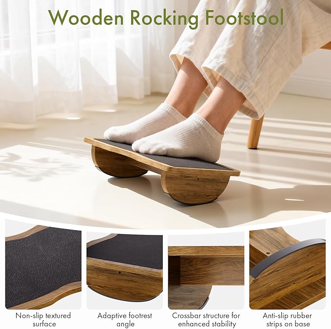 Ergonomic Wooden Footrest for Under Desk, Foot Rest with Anti-Slip Surface, Comfortable Desk Foot Stool for Office Home Gaming, Improve Posture & Promote Blood Circulation
