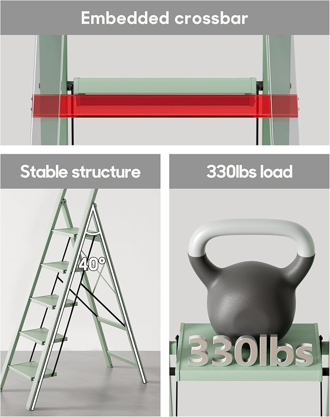 HillhutApex 5 Step Foldable Aluminum Step Ladder with Handgrip, Anti-Slip Pedal, 330 lbs Capacity, Lightweight & Portable for Home, Kitchen, Office, Garage (Pale Green)