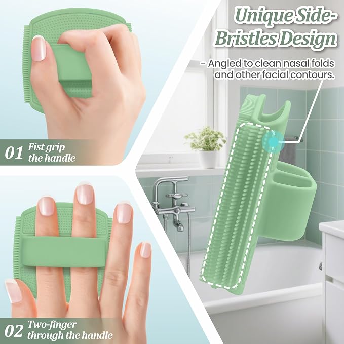 Silicone Back/Body/Face Scrubber & Lymphatic Contour Face Brush Set 4PCS, 13.4'' Soft Back Scrubber, 360° Anti-Slip Bath Glove, Unique Side-bristled Face Scrubber for All-Round Cleaning(Green)