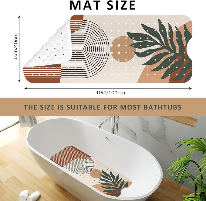 Rainbow Bathtub Mat Non Slip, Boho Baby Bath Mat for Tub Rubber Tub Mat, Kids Bath Mats for Bathroom Abstract Anti Slip Shower Mat with Suction and Drain Holes Machine Washable, 40″X16″