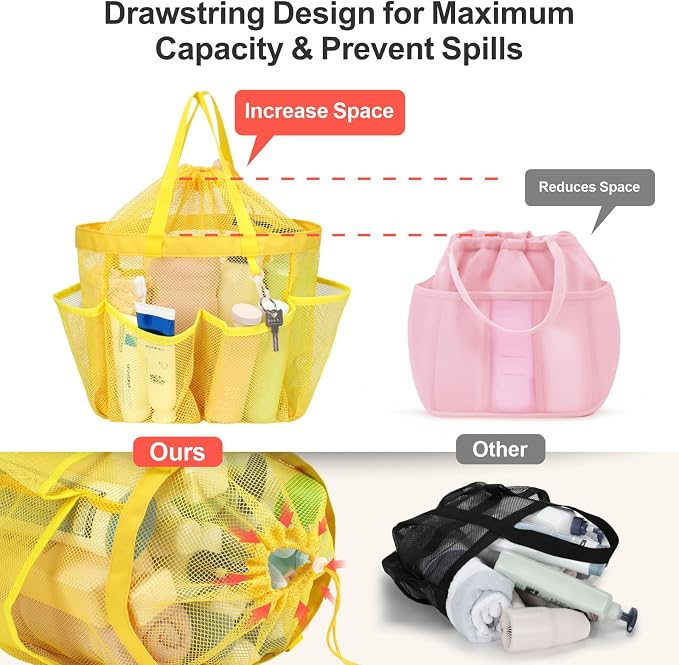 F-color Mesh Shower Caddy Portable with Drawstring - Large 8 Pockets Dorm Room Essentials for Guys Girls with S Hook, Shower Bag Basket Tote for College Camping Gym Travel Toiletry Bathroom, Yellow