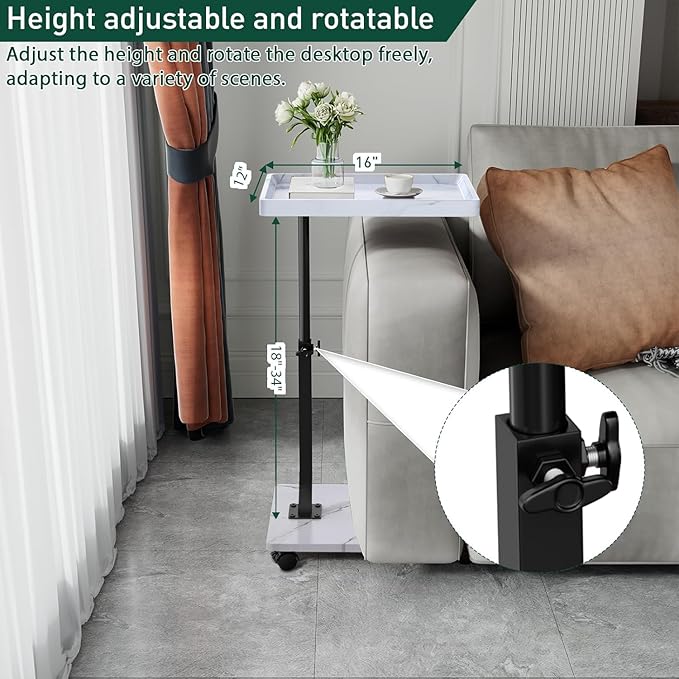 C Table End Table Adjustable Height, 360°Swivel TV Tray Table for Small Spaces, Couch Tables That slide under, C Shaped Side Tables living room and bedroom for Sofa, Bed,Chair, Snack (2, White)