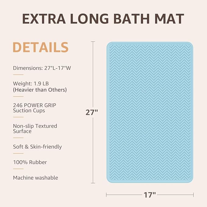 OTHWAY Bathtub Mat Non Slip, 27" x 17" Bath Mat for Tub, Machine Washable Shower Anti Slip Mat with 246 Strong Suction Cups (Lake Blue)